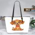 Cute cartoon puppy sitting with red collar leather tote bag