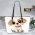 Cute cartoon puppy sitting with red collar leather tote bag