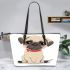 Cute cartoon puppy sitting with red collar leather tote bag