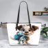 Cute cartoon puppy with a blue backpack leather tote bag