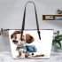 Cute cartoon puppy with a blue backpack leather tote bag