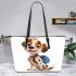 Cute cartoon puppy with a blue backpack leather tote bag