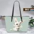 Cute cartoon rabbit holding daisies leather tote bag