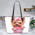 Cute cartoon yorkshire terrier inside a pink cupcake leather tote bag