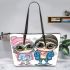 Cute chibi owl couple wearing cute pink and blue shoes leather tote bag