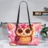 Cute chibi owl with a bow on its head leather tote bag