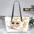 Cute chibi owl with big eyes holding heart shaped balloons leather tote bag