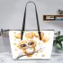 Cute chibi owl with big eyes holding heart shaped balloons leather tote bag