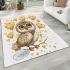 Cute chibi owl with gold heart shaped balloons area rugs carpet