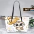 Cute chibi owl with gold heart shaped balloons leather tote bag