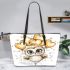 Cute chibi owl with gold heart shaped balloons leather tote bag