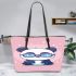 Cute chibi panda wearing glasses leather tote bag