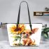 Cute chihuahua puppy with big eyes sitting next to a sunflower leather tote bag