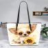 Cute chihuahua puppy with big eyes sitting next to sunflower leather tote bag