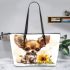 Cute chihuahua puppy with big eyes sitting next to sunflower leather tote bag