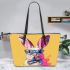Cute colorful easter bunny with a bow tie and sunglasses leather tote bag