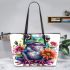 Cute colorful frog with flowers leaather tote bag