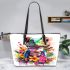 Cute colorful frog with flowers leaather tote bag