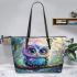 Cute colorful owl cartoon with big eyes sitting on a tree branch leather tote bag