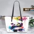 Cute colorful panda holding a balloon leather tote bag