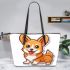 Cute corgi puppy in the style of vector cartoon leather tote bag