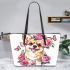 Cute corgi puppy with pink roses and butterflies leather tote bag