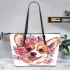 Cute corgi puppy with pink roses and butterflies leather tote bag