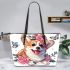 Cute corgi puppy with pink roses and butterflies leather tote bag