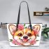 Cute corgi puppy with pink roses in her hair and butterflies leather tote bag