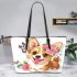 Cute corgi puppy with pink roses in her hair and butterflies leather tote bag