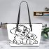 Cute dog with her puppy coloring page for kids leather tote bag