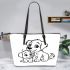 Cute dog with its puppy coloring page for kids leather tote bag