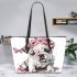 Cute english bulldog puppy with pink flower crown leather tote bag