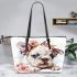 Cute english bulldog puppy with pink flower crown leather tote bag