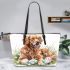 Cute golden retriever dog with easter eggs leather tote bag