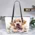 Cute golden retriever puppy with daisies and easter eggs leather tote bag