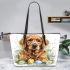 Cute golden retriever with easter eggs and white daisies leather tote bag