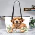 Cute golden retriever with easter eggs and white daisies leather tote bag