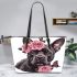 Cute grey staffordshire bull terrier with pink roses leather tote bag