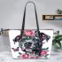 Cute grey staffordshire bull terrier with pink roses leather tote bag