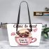 Cute happy pug puppy inside a pink cup leather tote bag