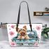 Cute happy yorkshire terrier old truck flowers and hearts leather tote bag