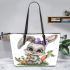 Cute kawaii gray bunny with big eyes leather tote bag