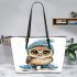 Cute little owl wearing blue shoes and a hat leather tote bag