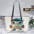 Cute little owl wearing blue sneakers and a cap leather tote bag