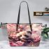Cute little panda surrounded by pink cherry blossoms leather tote bag