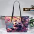 Cute little panda under a pink cherry blossom tree leather tote bag