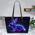 Cute neon blue and purple rabbit with glowing eyes leather tote bag