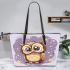 Cute owl cartoon surrounded in the style of stars and flowers leather tote bag