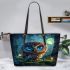 Cute owl cartoon with big blue eyes night scene with moon leather tote bag